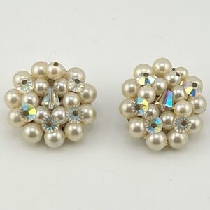 Vintage Earrings Pearl & Aurora Borealis Large Clip Ons Silver Tone
